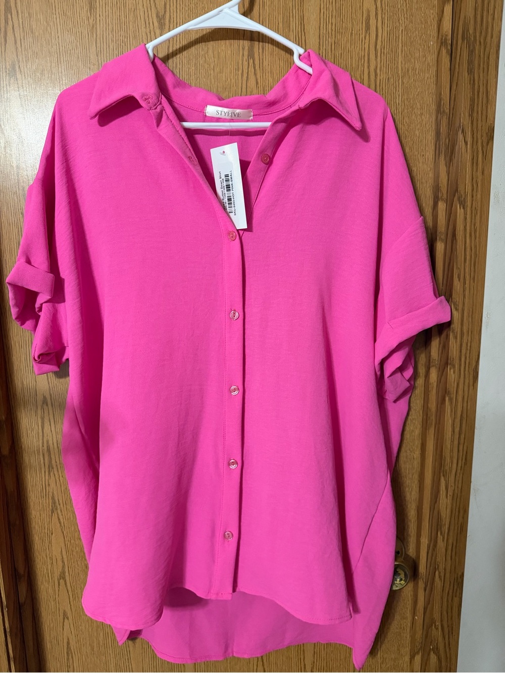 NWT Styleve Hot Pink Oversized Button Down Shirt Small Casual Collared Blouse